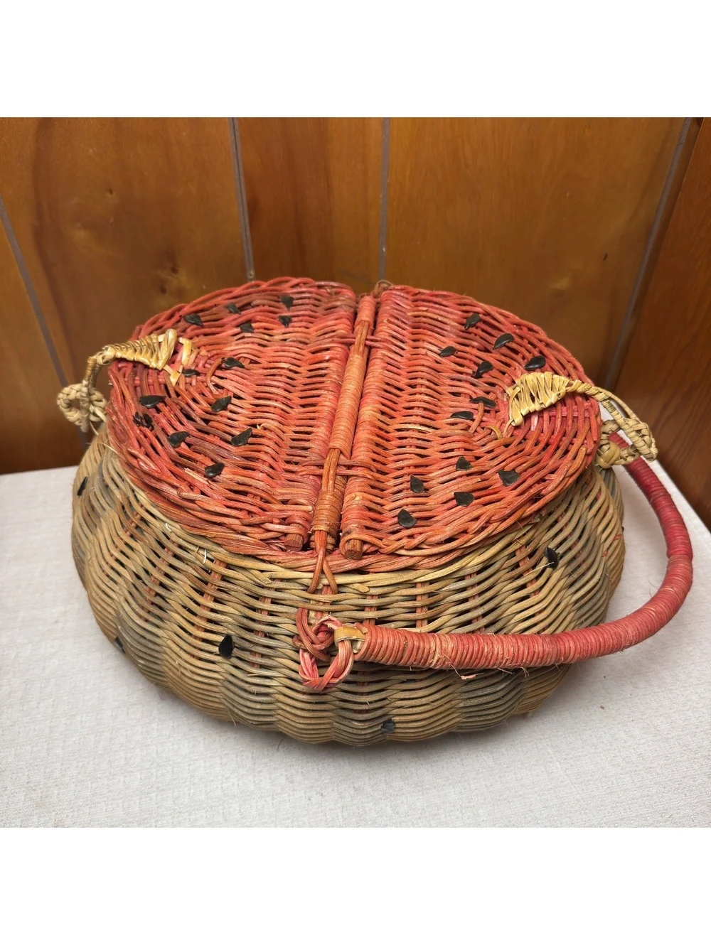 Vintage Watermelon Wicker Picnic Basket Split Lid Summer Kitchen Decor